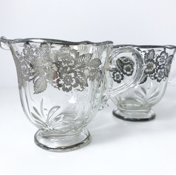 Fostoria Baroque Cream and Sugar with Silver Overlay of Wild Roses Elegant Glass - Picture 1 of 13